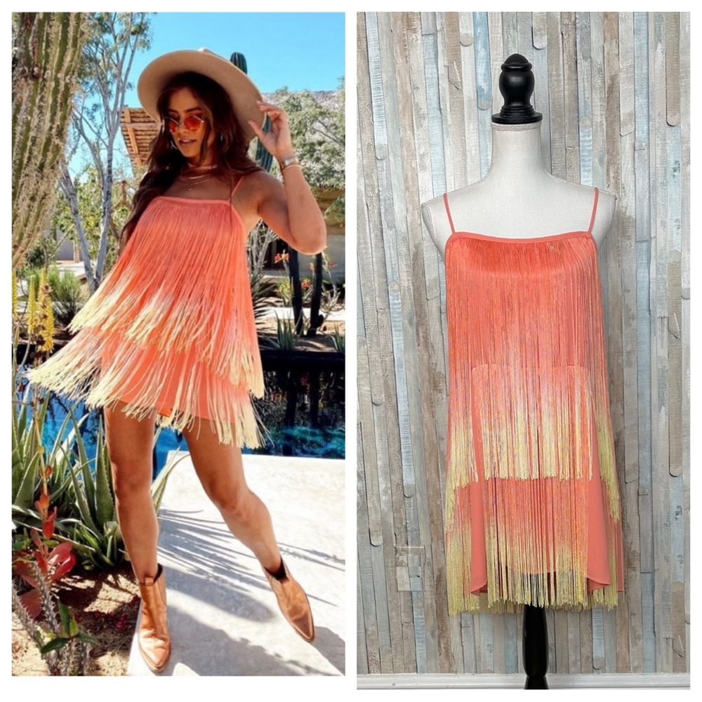 New Show Me Your Mumu x Jamie Kidd L Rhythm Mini Dress Sunset Ombre Fringe Coral